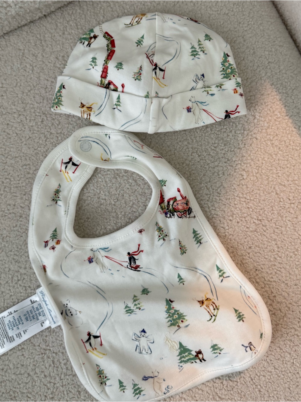 Ralph Lauren White Holiday Ski Print Bib & Cap Set